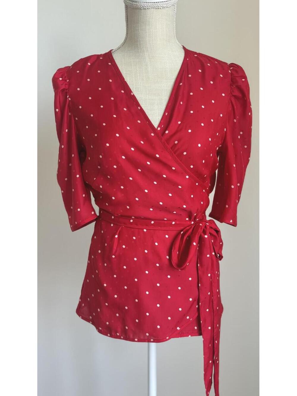 Ann Taylor Red Polka Dot Wrap Blouse Puff Sleeve Size S